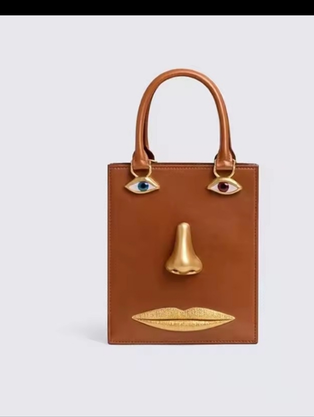 Designer Inspired Novelty Face Lips Eyes Tote Bag in Brown with Gold Accents New